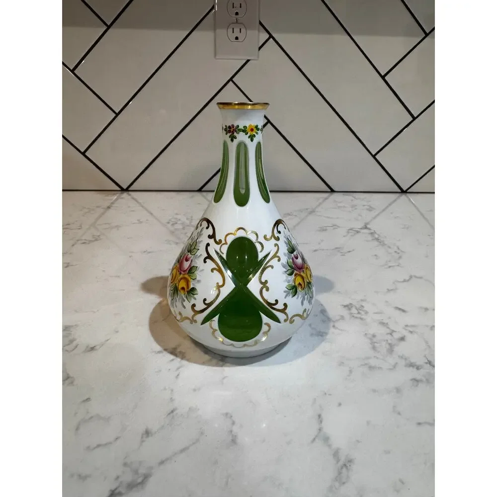 Cased glass vase white glass green panels hand-painted enamel florals antique